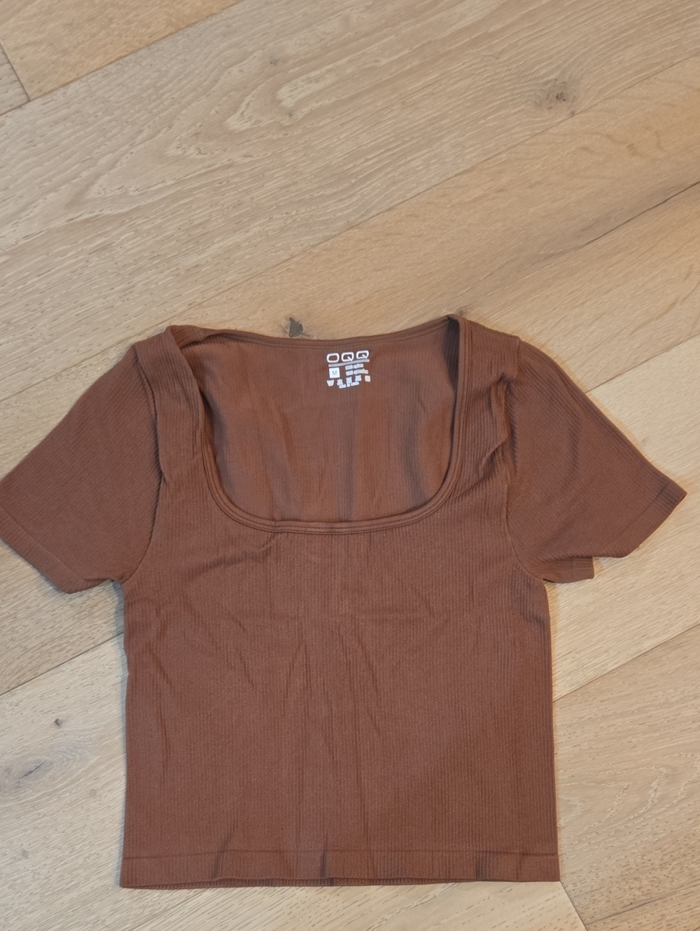 OQQ New Brown Ribbed Square-Neck Short Sleeve Top